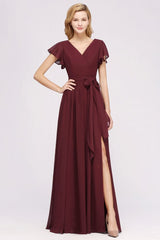 Elegant Elegant V-Neck Short Sleeve Bridesmaid Dresses with Bow Sash Long Chiffon