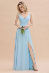 Elegant Front Split Bridesmaid Dress Garden Spaghetti Straps V-neck Long Dress