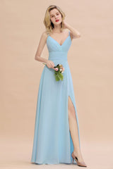 Elegant Front Split Bridesmaid Dress Garden Spaghetti Straps V-neck Long Dress