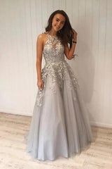 Elegant Halter Silver Lace Tulle Formal Dress