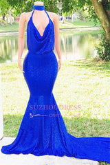 Elegant Halter Sleeveless Mermaid Prom Dresses | Sequins Royal Blue Evening Gown