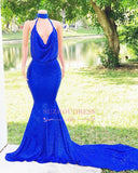 Elegant Halter Sleeveless Mermaid Prom Dresses | Sequins Royal Blue Evening Gown