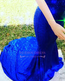 Elegant Halter Sleeveless Mermaid Prom Dresses | Sequins Royal Blue Evening Gown