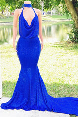 Elegant Halter Sleeveless Mermaid Prom Dresses | Sequins Royal Blue Evening Gown