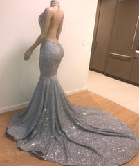 Elegant High Neck Silver Sequins Prom Dresses | Sexy Backless Mermaid Evening Dresses Online BC0679