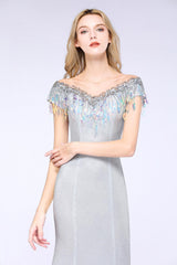 Elegant Jewel Short Sleeves Sequins Evening Dress with Tassels in Stock