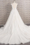 Elegant Jewel Straps A-line Wedding Dress | Champgne Tulle Bridal Gowns With Appliques