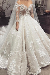 Elegant Lace Appliques Ball Gown Wedding Dresses | Sheer Tulle Long Sleeves Bridal Gowns