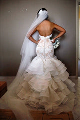 Elegant Lace Mermaid Wedding Dress Tiered Open Back Strapless Wedding Gowns BA1540