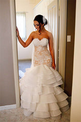 Elegant Lace Mermaid Wedding Dress Tiered Open Back Strapless Wedding Gowns BA1540