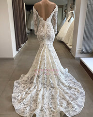 Elegant Lace Off-the-shoulder Long-Sleeves Mermaid White Appliques Wedding Dresses