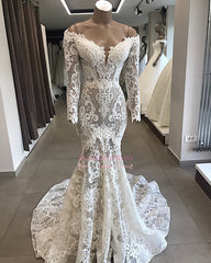 Elegant Lace Off-the-shoulder Long-Sleeves Mermaid White Appliques Wedding Dresses