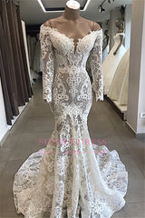 Elegant Lace Off-the-shoulder Long-Sleeves Mermaid White Appliques Wedding Dresses