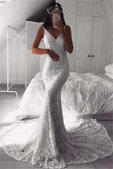 Elegant Lace V-Neck Wedding Dresses | Sheath Sleeveless Wedding Dress