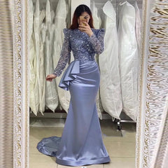 Elegant Lavender Long Mermaid High Neck Beading Prom Dresses With Long Sleeves