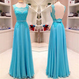 Elegant Light Blue Floor Length Prom Dress A-Line Bowknot Lace Open Back Party Dresses