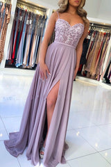 Elegant Lilac A-line Split Long Evening Dresses With Lace