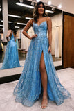 Elegant Long A-line Spaghetti Straps Lace Sleeveless Evening Prom Dresses With Slit