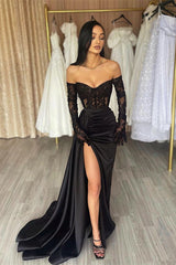 Elegant Long Black Off-the-shoulder Lace Mermaid Long Sleeves Prom Dresses With Split