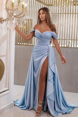 Elegant Long Blue Satin Off-the-shoulder A-line Evening Dresses With Slit