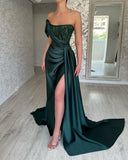 Elegant Long Dark Green Sleeveless Beading Prom Dresses With Split