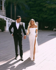 Elegant Long Off-the-shoulder Satin Bridal Dress With Split