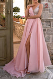 Elegant Long Pink V-Neck Glitter Sleeveless Prom Dresses With Split