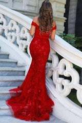 Elegant Long Red Off-the-shoulder Mermaid Prom Dresses with Glitter