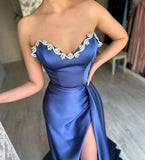 Elegant Long Royal Blue Sleeveless Prom Dresses With Split