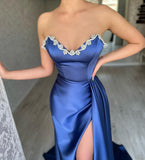 Elegant Long Royal Blue Sleeveless Prom Dresses With Split