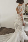 Elegant Long Sleeves Lace Crystal Wedding Dresses | Sexy Mermaid Bridal Gowns with Buttons