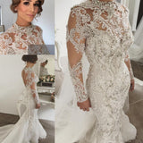 Elegant Long Sleeves Lace Crystal Wedding Dresses | Sexy Mermaid Bridal Gowns with Buttons