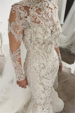 Elegant Long Sleeves Lace Crystal Wedding Dresses |  Sexy Mermaid Bridal Gowns with Buttons