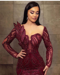 Elegant Long Sleeves Tulle Red Lace Appliques Mermaid Evening Dresses