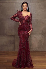 Elegant Long Sleeves Tulle Red Lace Appliques Mermaid Evening Dresses