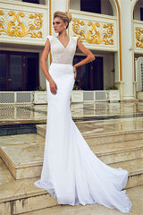 Elegant Mermaid Beading Wedding Dresses V-Neck Open Back Chiffon Bridal Gowns