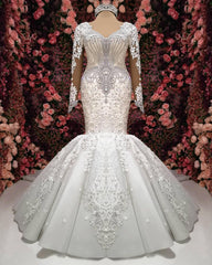 Elegant Mermaid Long Sleeves Wedding Dresses | Lace Appliques Crystal Sexy V-Neck Bridal Gowns