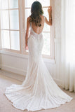 Elegant Mermaid Spaghetti Strapless Bridal Gown Lace Backless Trumpet Court Train Wedding Dress