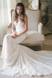 Elegant Mermaid Spaghetti Strapless Bridal Gown Lace Backless Trumpet Court Train Wedding Dress