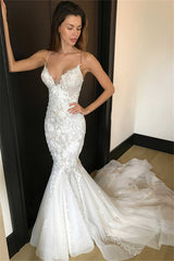 Elegant Mermaid Spaghetti Straps Wedding Dresses | Sexy Appliques Bridal Gowns