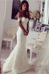 Elegant Mermaid Wedding Dresses Off-the-shoulder Slinky Lace Wedding Gown BA3864