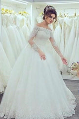 Elegant Off the Shoulder Lace Wedding Dresses Long Sleeve Tulle Bridal Gowns