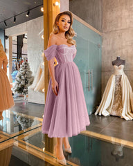 Elegant Off-the-Shoulder Sequins Tulle Short Prom Dress