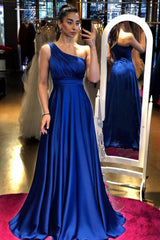 Elegant One Shoulder Royal Blue Aline Evening Dress