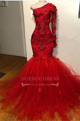 Elegant Red One-Shoulder Prom Dress | Mermaid Appliques Long-Sleeves Evening Dresses