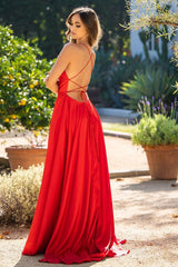 Elegant Red Spaghetti Straps Sleeveless Column Satin Prom Dresses with Ruffles