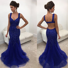 Elegant Royal-Blue Straps Mermaid Sleeveless Long Crystals Prom Dress