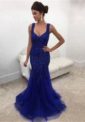 Elegant Royal-Blue Straps Mermaid Sleeveless Long Crystals Prom Dress