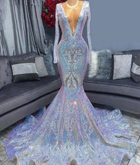 Elegant Sequins V-neck Long Sleeve pattern Floor-length Mermaid Prom Dresses