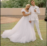 Elegant Short Sleeves White Long Wedding Dress With Lace Appliques